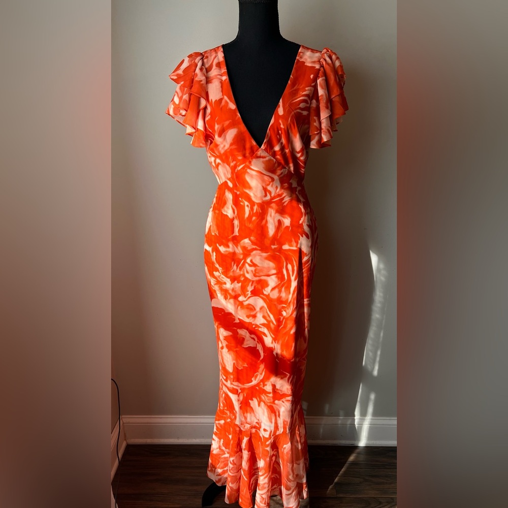 Here Comes The Sun Ruffle Sleeve Maxi Dress Floral Orange - Picture 3 of 7